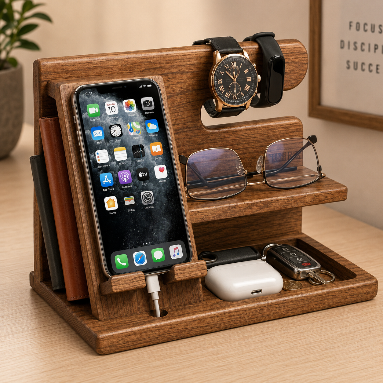 Wooden Desk Organizer | Phone, Watch & Glasses Holder
