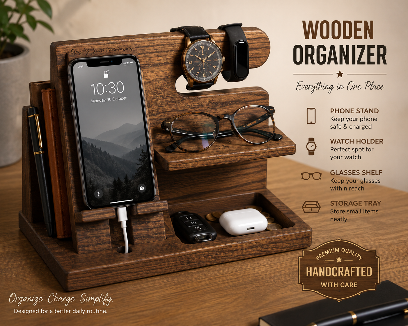 Wooden Desk Organizer | Phone, Watch & Glasses Holder